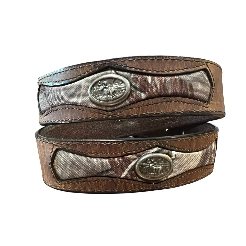 Men's Brown Leather Belt with Camo Inserts Deer Hunter Elk Casual   Waist 33-37